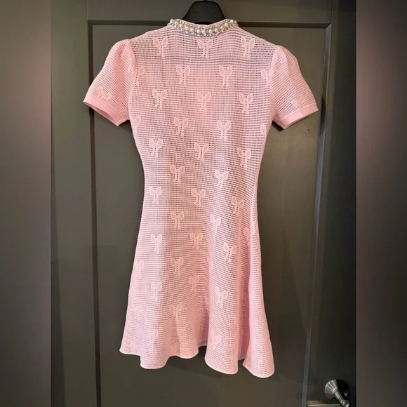 Self Portrait Pink Bow Crystal & Pearl Short-Sleeve Crochet Dress size Small - Picture 8 of 9